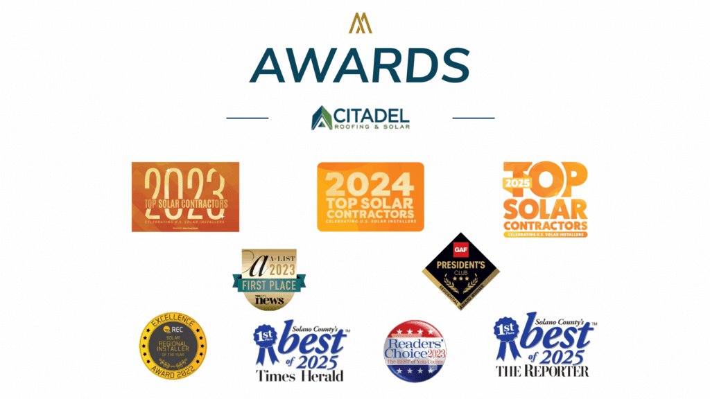 Citadel Roofing & Solar’s collection of residential solar and roofing installation awards from 2022 to 2025, including Top Solar Contractors, GAF President’s Club, and multiple local Best of Solano County honors.